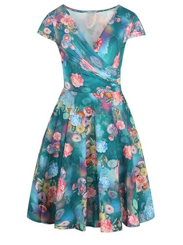 oxiuly Women's V-Neck Cap Sleeve Floral Casual Cocktail Party Swing Dress OX233 (M, Green) - Image 2