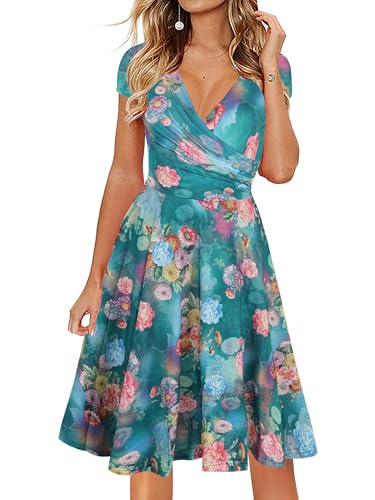 oxiuly Women's V-Neck Cap Sleeve Floral Casual Cocktail Party Swing Dress OX233 (M, Green) - Image 5