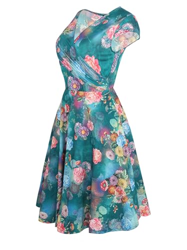 oxiuly Women's V-Neck Cap Sleeve Floral Casual Cocktail Party Swing Dress OX233 (M, Green) - Image 3