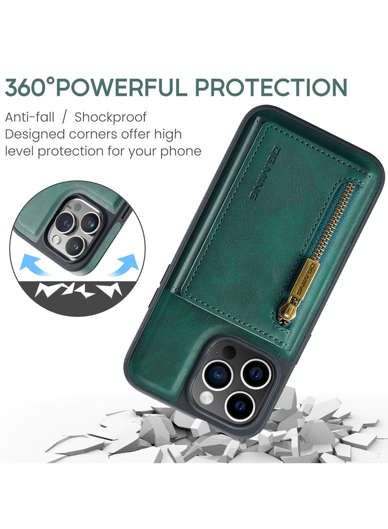DGMING CaseMe Wallet Case for iPhone 15 Pro MAX DGMING Premium Leather Phone Case Back Cover Magnetic Detachable with Trifold Wallet Card Holder Pocket - Green - Image 2