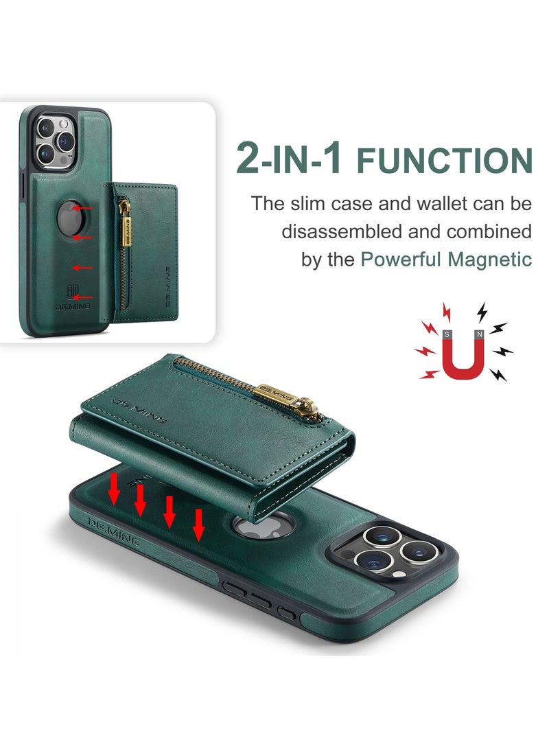 DGMING CaseMe Wallet Case for iPhone 15 Pro MAX DGMING Premium Leather Phone Case Back Cover Magnetic Detachable with Trifold Wallet Card Holder Pocket - Green - Image 4