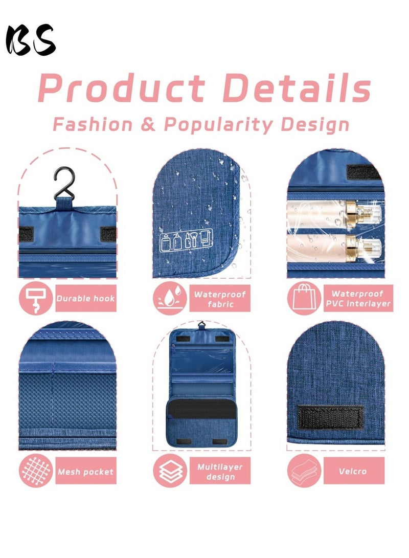 بي إس حقيبة أدوات الزينة للسفر مع خطاف تعليق، حقيبة مكياج متعددة الوظائف مقاومة للماء، حقيبة مستحضرات تجميل محمولة لتنظيم أدوات الزينة للنساء والرجال (أزرق) - Image 3