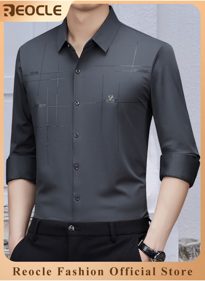 REOCLE Men's Business Slim Fit Shirt Official Long Sleeve Stretch Dress Shirt Wrinkle-Free Regular Fit Button Down Shirts  - Image 1