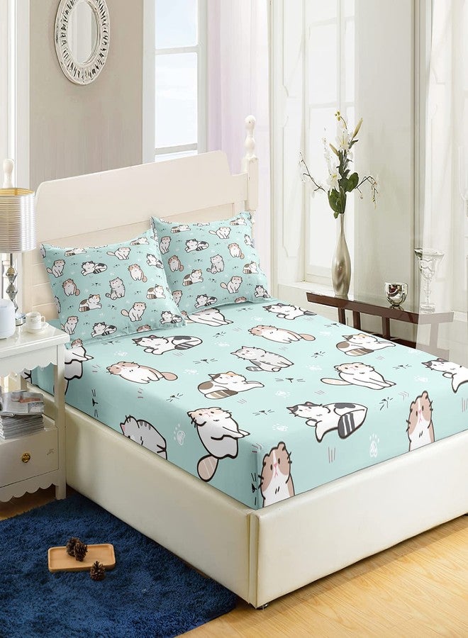 AILONEN Cat Fitted Sheet, Cat Themed Bed Sheets for Girls Kids, Twin Sheet Set, Bedding Decor Set (1 Fitted Sheet and 2 Pillow Case, 3 Piece) - Image 1