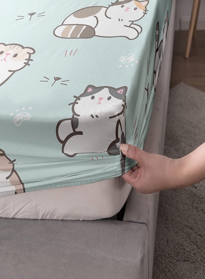 AILONEN Cat Fitted Sheet, Cat Themed Bed Sheets for Girls Kids, Twin Sheet Set, Bedding Decor Set (1 Fitted Sheet and 2 Pillow Case, 3 Piece) - Image 2