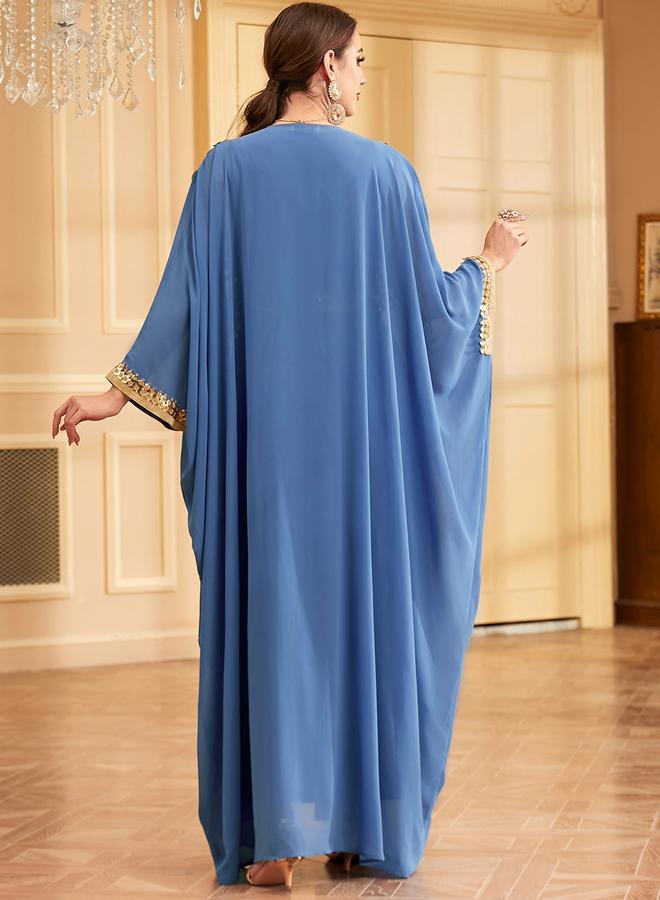 Take Two Blue Sequin Patch Detail Belted Dress with Kimono Set - Image 3
