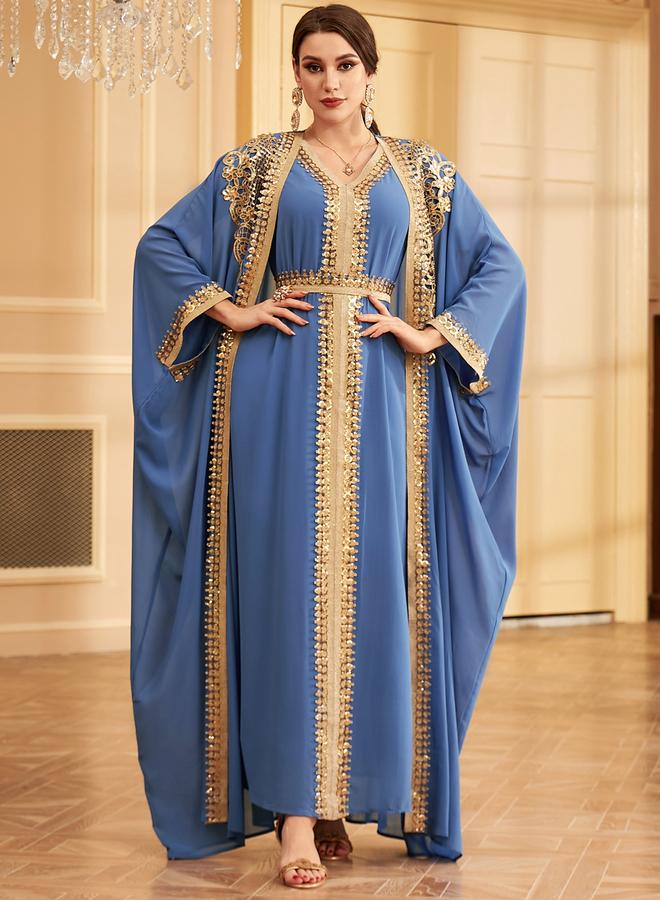 Take Two Blue Sequin Patch Detail Belted Dress with Kimono Set - Image 2