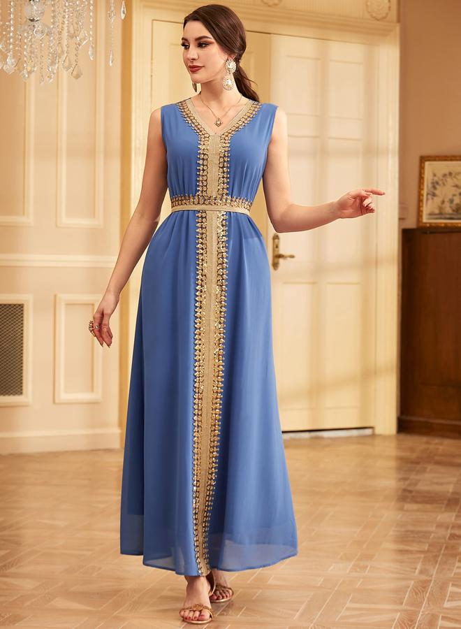 Take Two Blue Sequin Patch Detail Belted Dress with Kimono Set - Image 5