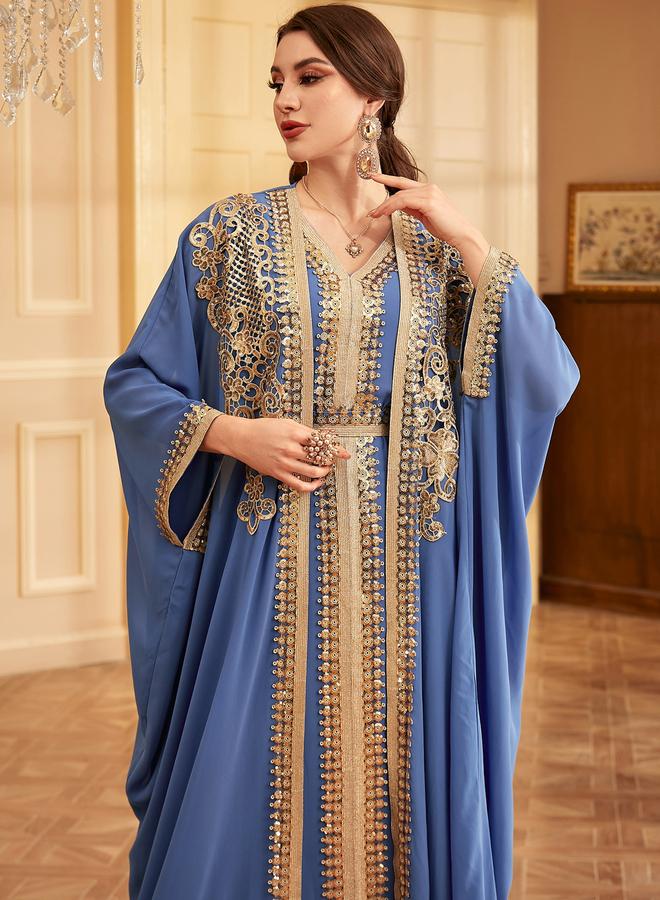 Take Two Blue Sequin Patch Detail Belted Dress with Kimono Set - Image 4