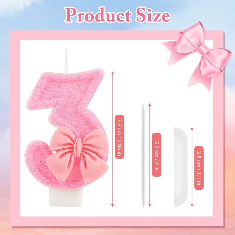 AKURIEEY Pink 3rd Birthday Candle Bow Numbers 3 Candle Cake Topper Cupcake Decorations Party Decor for Girls and Women Anniversary Celebrations Supplies - Image 3