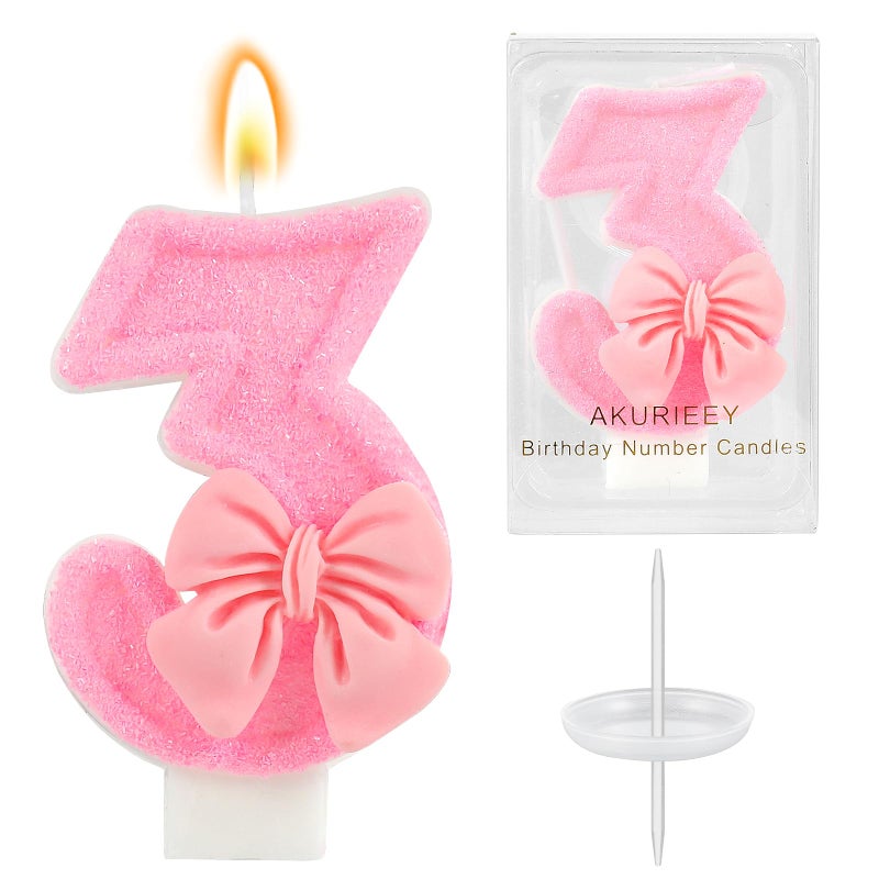AKURIEEY Pink 3rd Birthday Candle Bow Numbers 3 Candle Cake Topper Cupcake Decorations Party Decor for Girls and Women Anniversary Celebrations Supplies - Image 1