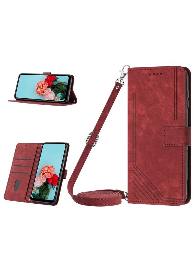 HuHa Case Cover For For Tecno Pova 5 4G Skin Feel Stripe Pattern Leather Phone Case with Lanyard(Red) 
