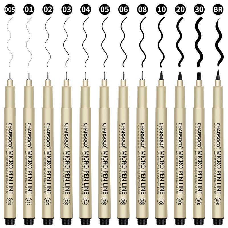 CHARSOCO Black Micro Pens, 12 Sizes in 0.23mm - 5mm, Waterproof Archival Ink, Fine Point Pen for Artist Illustration, Sketching, Anime, Manga and Technical Drawing - Image 1