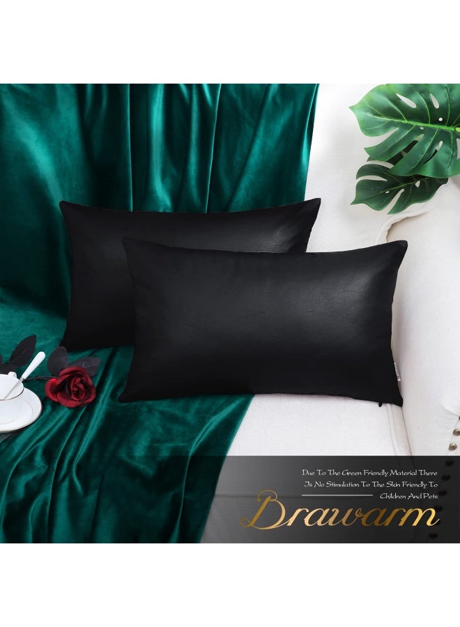 BRAWARM Faux Leather Throw Pillow Covers 12 X 20 Inches - Black Leather Lumbar Pilow Covers Pack of 2, Solid Dyed Leather Pillowcases for Couch Bed Sofa Garden Home Decorative - Image 2