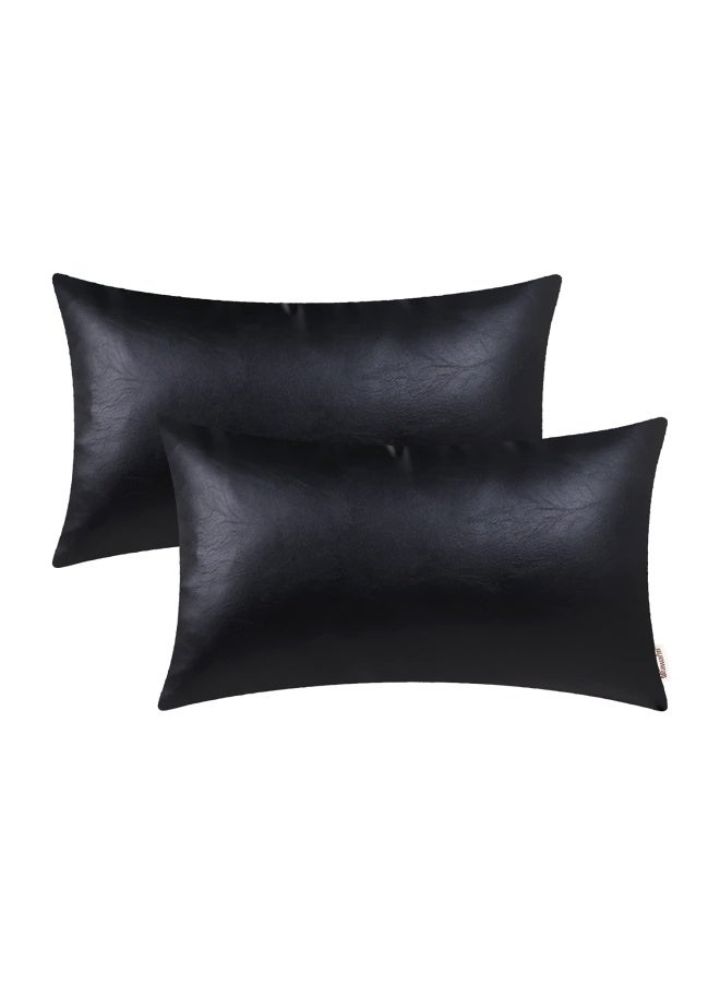BRAWARM Faux Leather Throw Pillow Covers 12 X 20 Inches - Black Leather Lumbar Pilow Covers Pack of 2, Solid Dyed Leather Pillowcases for Couch Bed Sofa Garden Home Decorative - Image 1