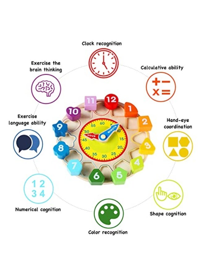 Wooden Toddler Clock Toy, Wooden Color Clock Puzzle, Teaching Time Clock for Kids, Sorting Number Blocks, Stacking Sorter Jigsaw Montessori Early Educational Toy Gift for 3+ Toddler Baby Kids - Image 3