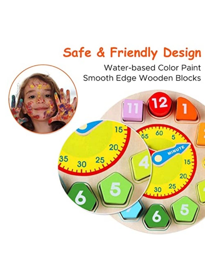 Wooden Toddler Clock Toy, Wooden Color Clock Puzzle, Teaching Time Clock for Kids, Sorting Number Blocks, Stacking Sorter Jigsaw Montessori Early Educational Toy Gift for 3+ Toddler Baby Kids - Image 2