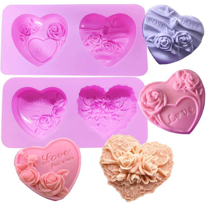 Foaryoer 2 Pcs Heart Soap Molds Heart Silicone Molds3D Embossed Rose Heart Chocolate Molds Valentine Silicone Molds For Diy Valentine Chocolates  Candy Muffins Candle  Soap Cake Decoration - Image 1
