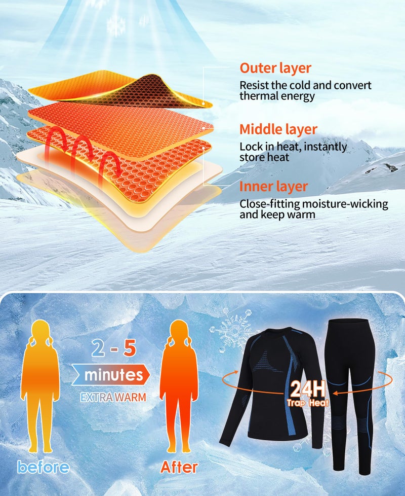beautyin Thermal Underwear for Kids Boys Girls Base Layer Set for Skiing Football Cold Weather Black/Blue - Image 3