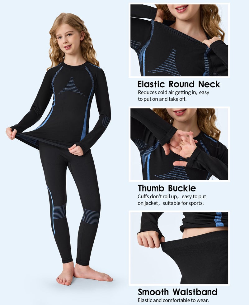 beautyin Thermal Underwear for Kids Boys Girls Base Layer Set for Skiing Football Cold Weather Black/Blue - Image 5