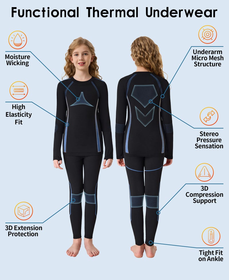beautyin Thermal Underwear for Kids Boys Girls Base Layer Set for Skiing Football Cold Weather Black/Blue - Image 4