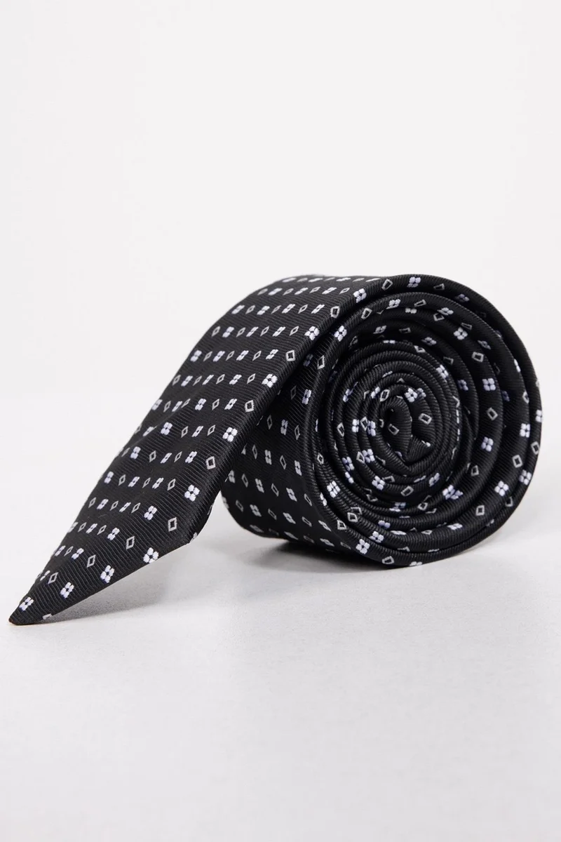 تودورس Classic Patterned Black Tie with Pocket Handkerchief