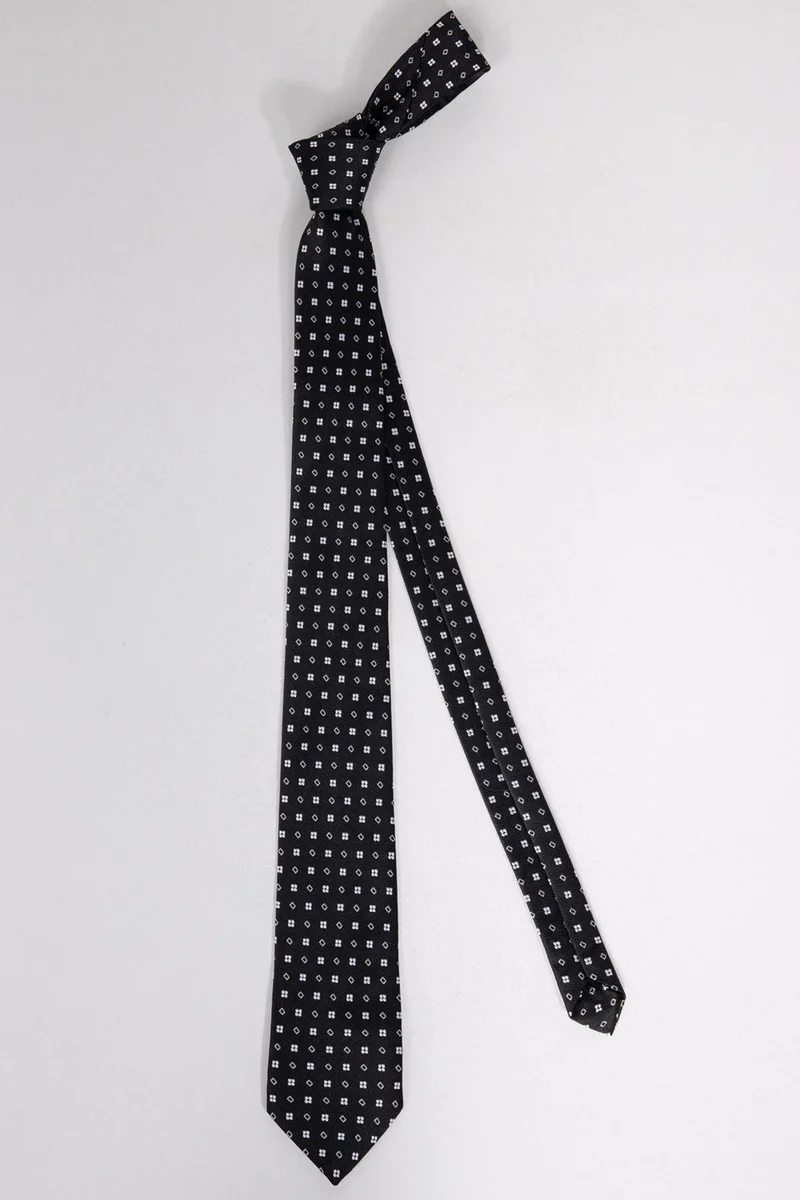 تودورس Classic Patterned Black Tie with Pocket Handkerchief