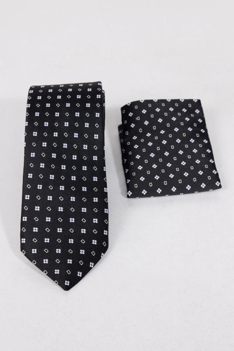 تودورس Classic Patterned Black Tie with Pocket Handkerchief