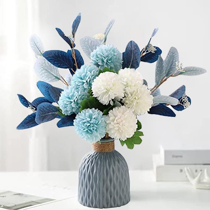 LADADA Blue Artificial Flower Bouquet in Ceramic Vase | Faux Blue White Bouquet,Faux Ball Mum Silk Flowers Arrangement for Home Table Centerpiece Farmhouse Living Room Wedding Decor - Image 1