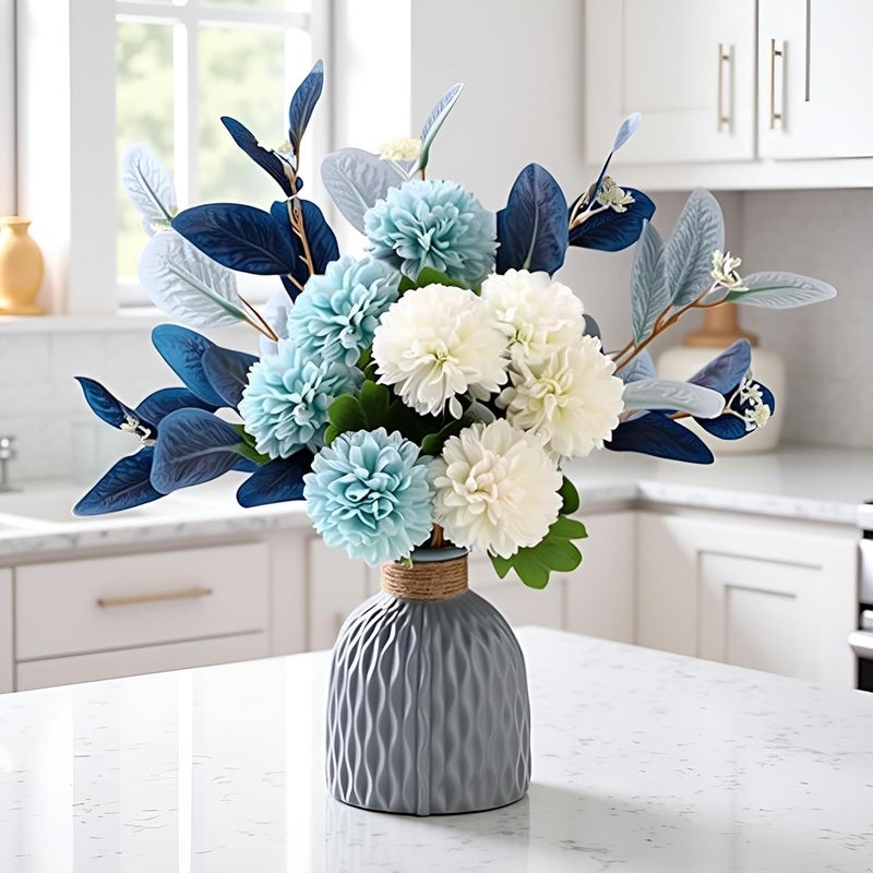 LADADA Blue Artificial Flower Bouquet in Ceramic Vase | Faux Blue White Bouquet,Faux Ball Mum Silk Flowers Arrangement for Home Table Centerpiece Farmhouse Living Room Wedding Decor - Image 4