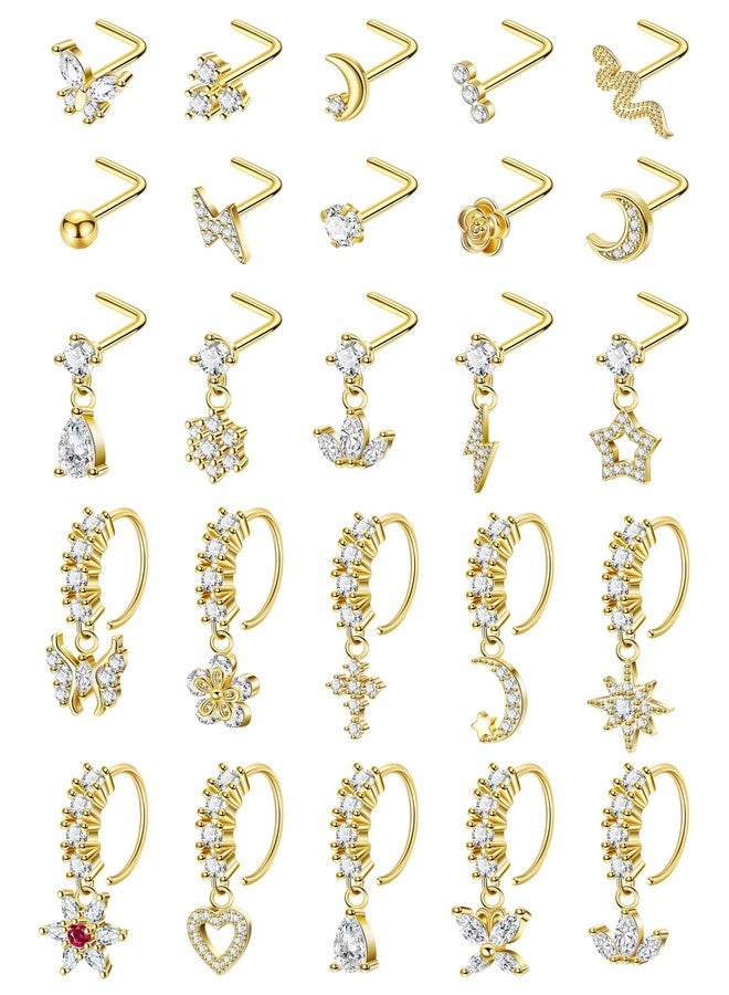 LOREMOW 25Pcs 20G Gold Dangle Nose Ring for Women Men Surgical Steel L Shaped Nose Stud CZ Flower Teardrop Dangling Nose Rings Moon Star Nose Rings Hoop Hypoallergenic Cross Heart Butterfly Dangle Nose Piercing Jewelry Gold - Image 1