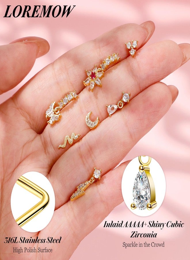 LOREMOW 25Pcs 20G Gold Dangle Nose Ring for Women Men Surgical Steel L Shaped Nose Stud CZ Flower Teardrop Dangling Nose Rings Moon Star Nose Rings Hoop Hypoallergenic Cross Heart Butterfly Dangle Nose Piercing Jewelry Gold - Image 3