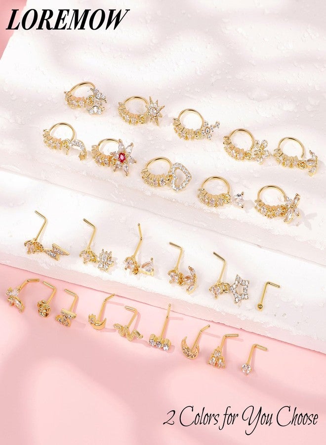 LOREMOW 25Pcs 20G Gold Dangle Nose Ring for Women Men Surgical Steel L Shaped Nose Stud CZ Flower Teardrop Dangling Nose Rings Moon Star Nose Rings Hoop Hypoallergenic Cross Heart Butterfly Dangle Nose Piercing Jewelry Gold - Image 4