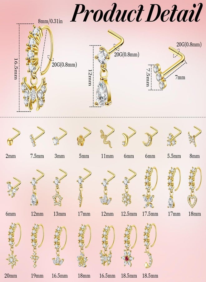 LOREMOW 25Pcs 20G Gold Dangle Nose Ring for Women Men Surgical Steel L Shaped Nose Stud CZ Flower Teardrop Dangling Nose Rings Moon Star Nose Rings Hoop Hypoallergenic Cross Heart Butterfly Dangle Nose Piercing Jewelry Gold - Image 2