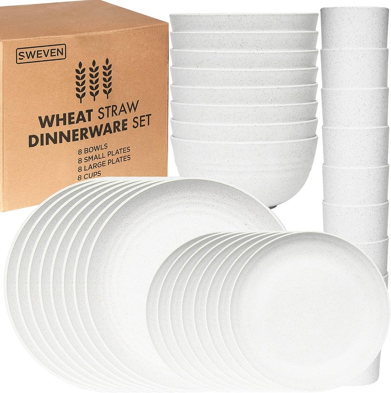SWEVEN Wheat Straw Dinnerware Sets | Unbreakable Dinnerware Sets | Dishwasher Microwave Safe Dinnerware | Eco Friendly Non Breakable Dinnerware Sets | RV Outdoor Camping (White, Service for 8 (32 pcs)) - Image 1