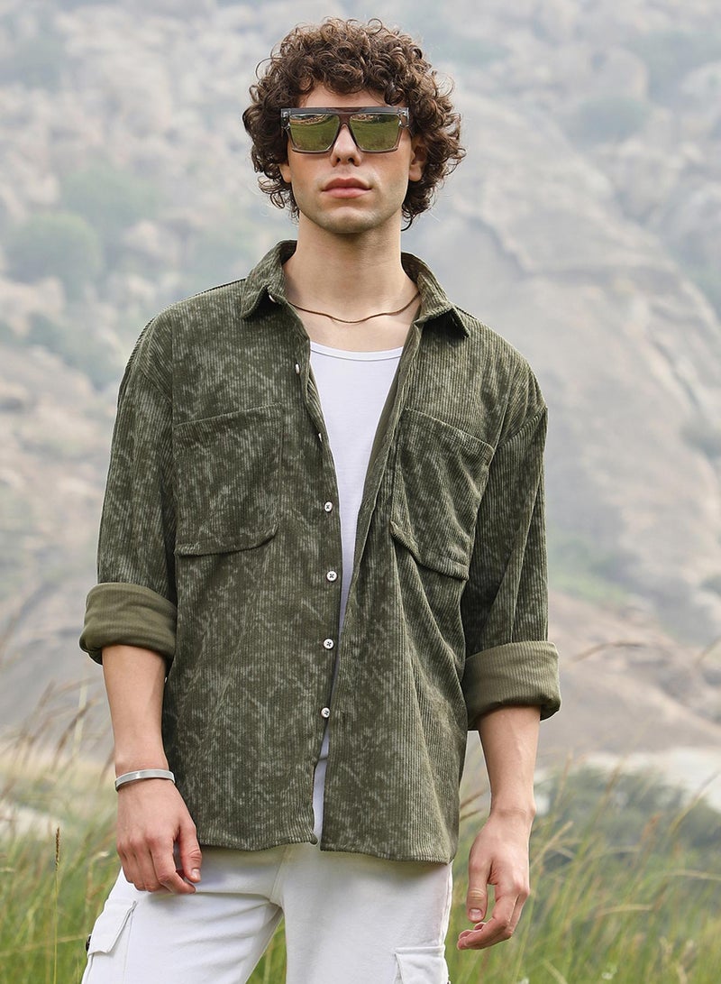 Campus Sutra Men's Juniper Green Faded Corduroy Oversized Shirt  - Image 1