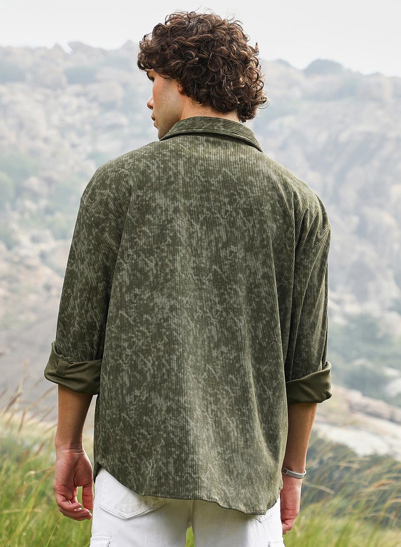 Campus Sutra Men's Juniper Green Faded Corduroy Oversized Shirt  - Image 5