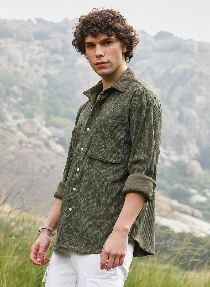 Campus Sutra Men's Juniper Green Faded Corduroy Oversized Shirt  - Image 3
