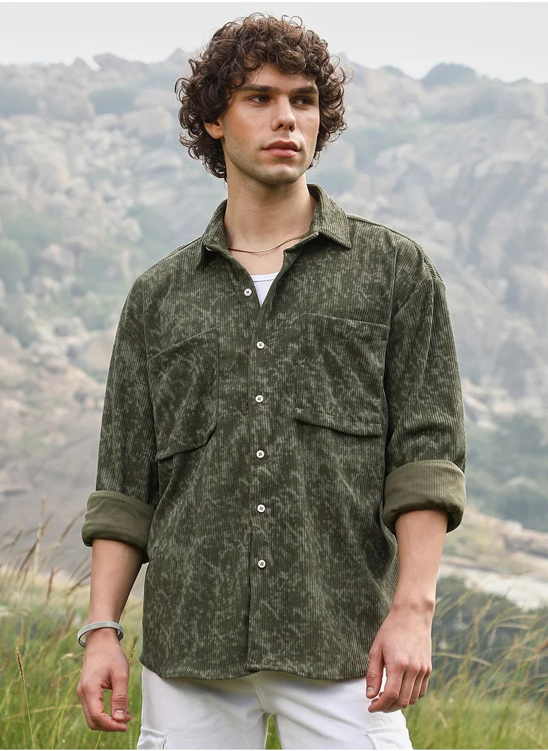 Campus Sutra Men's Juniper Green Faded Corduroy Oversized Shirt