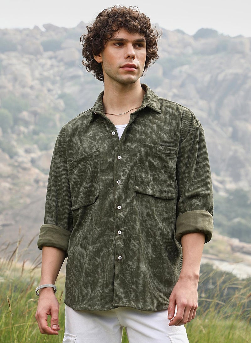 Campus Sutra Men's Juniper Green Faded Corduroy Oversized Shirt  - Image 2