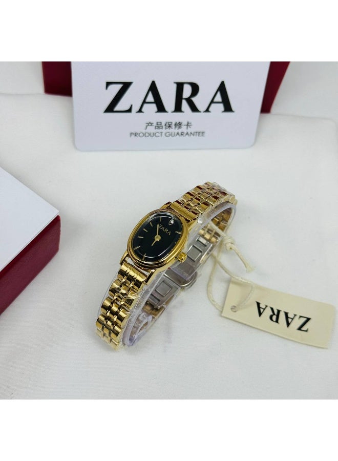 ZARA Elegant Women's All-Gold Oval Watch | Black Dial with Crystal Accent | Stainless Steel Bracelet