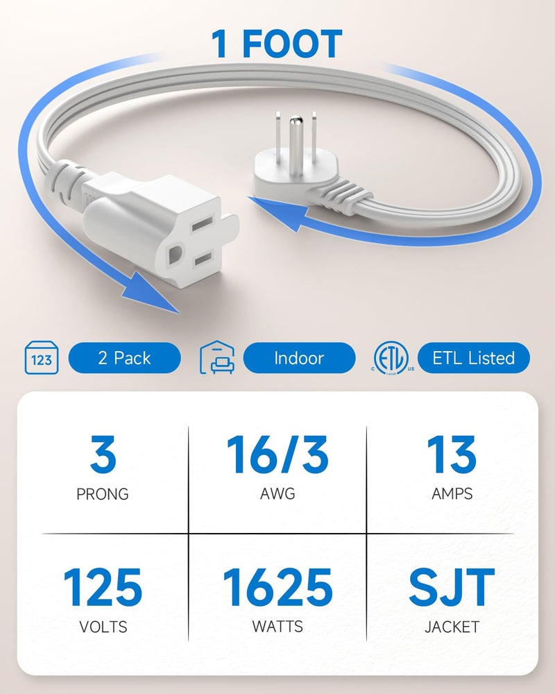 LitStar Flat Plug Short Extension Cord 1Ft White Low Profile Adapter 3 Prong Indoor Small Grounded Power Cable Outlet Saver 16AWG 13A 1625W 2 Pack - Image 3