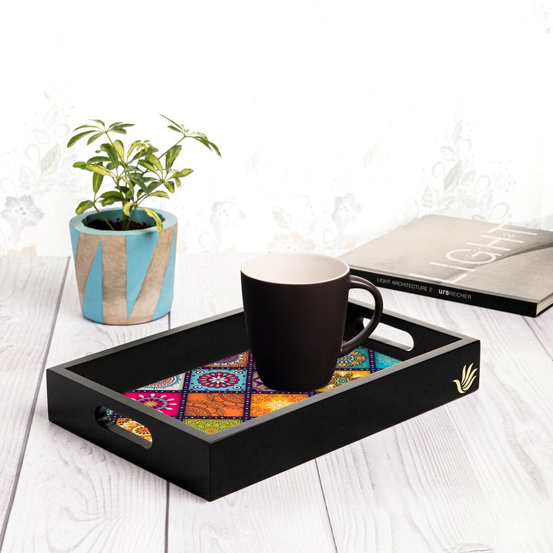 BRAHMA DESIGN Serving Tray | Multi Mandala Design with Black Border | Rectangular 8" x 12" Wooden Tray for Serving | Tray for Decoration with Cut-Out Handles - Image 4