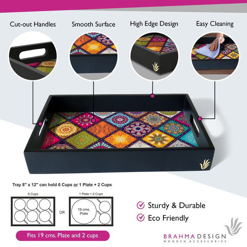 BRAHMA DESIGN Serving Tray | Multi Mandala Design with Black Border | Rectangular 8" x 12" Wooden Tray for Serving | Tray for Decoration with Cut-Out Handles - Image 3