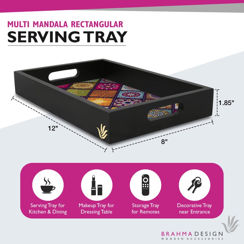BRAHMA DESIGN Serving Tray | Multi Mandala Design with Black Border | Rectangular 8" x 12" Wooden Tray for Serving | Tray for Decoration with Cut-Out Handles - Image 2
