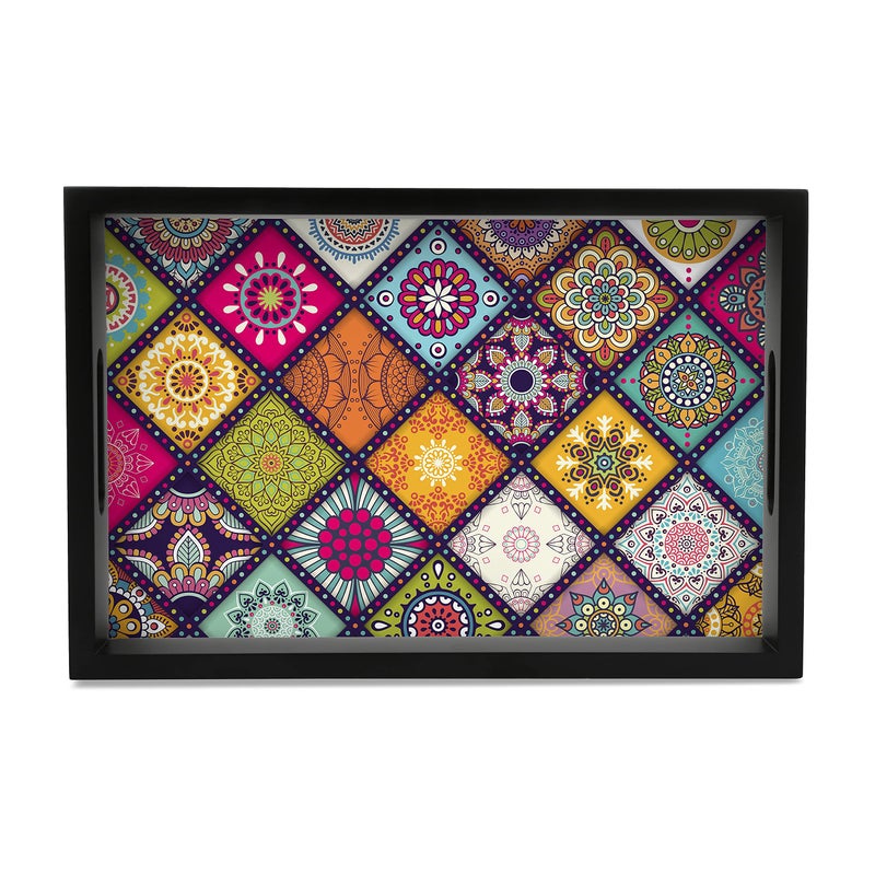 BRAHMA DESIGN Serving Tray | Multi Mandala Design with Black Border | Rectangular 8" x 12" Wooden Tray for Serving | Tray for Decoration with Cut-Out Handles - Image 1