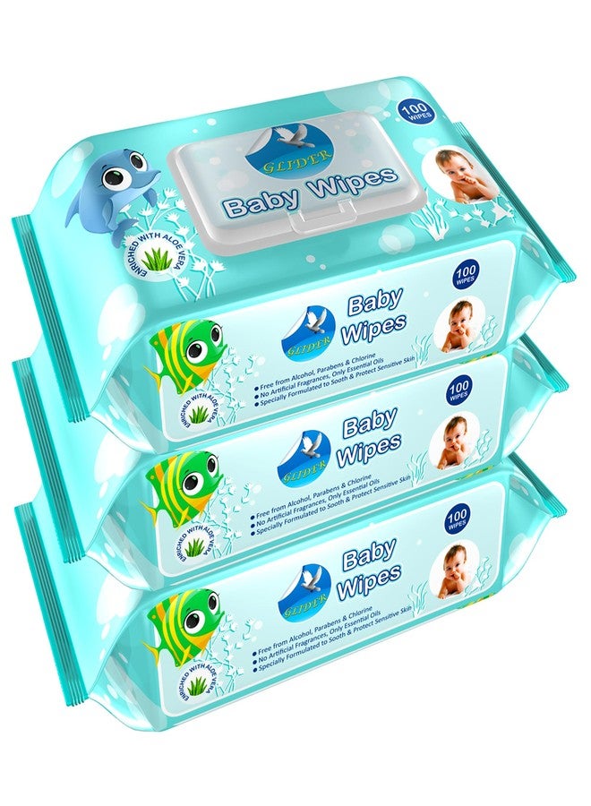 جلايدر مناديل جلايدر للأطفال غنية بالألوفيرا وفيتامين هـ مع غطاء/غطاء قلاب (100 منديل/عبوة) (عبوة من 3 قطع (300 منديل)) - Image 1