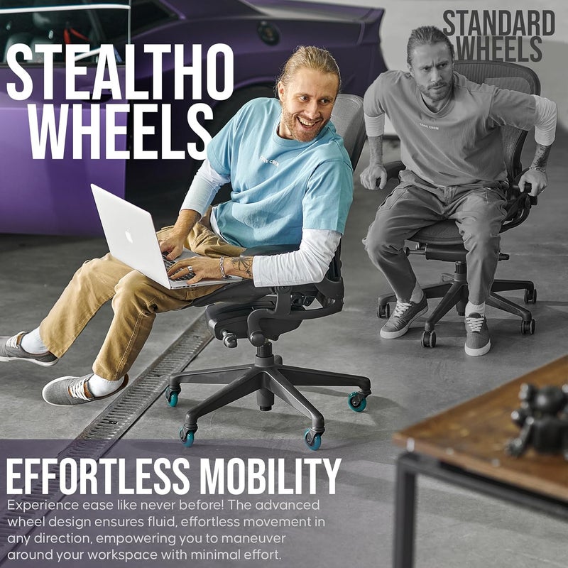 STEALTHO Advanced Office Chair Wheels Set 5 Heavy Duty Casters - Silent Rolling Protection Hardwood Floors Carpets No Mat Needed - Soft Navy Polyurethane Standard Replacement 7/16" x7/8" Stem - Image 5