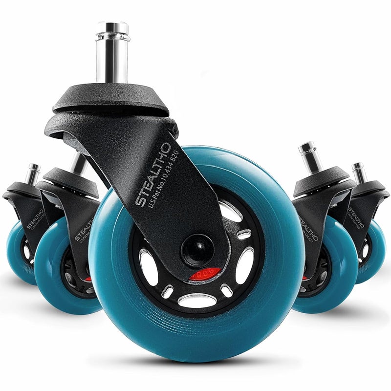 STEALTHO Advanced Office Chair Wheels Set 5 Heavy Duty Casters - Silent Rolling Protection Hardwood Floors Carpets No Mat Needed - Soft Navy Polyurethane Standard Replacement 7/16" x7/8" Stem - Image 1