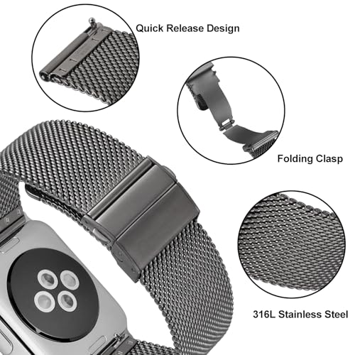 ANNEFIT Mesh Metal Watch Band, 316L Stainless Steel Watch Strap, Quick Release Replacement Bracelet 20mm (Space Grey) - Image 3
